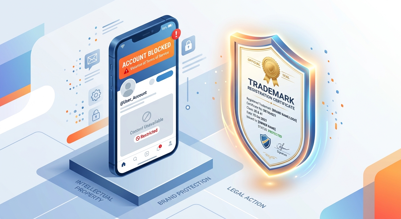 Illustration of a blocked Instagram account next to an official trademark certificate