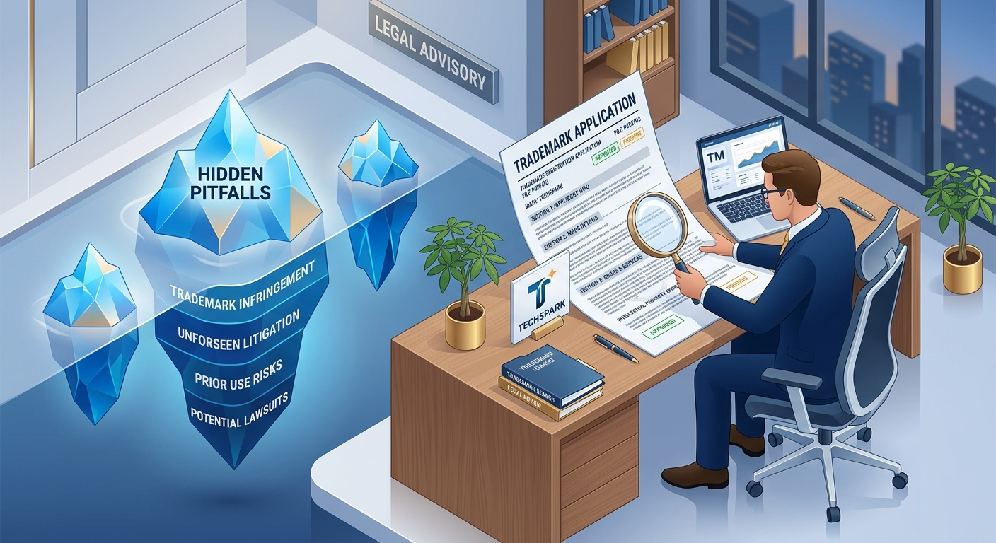 3D illustration of the trademark registration document verification process with metaphorical pitfalls