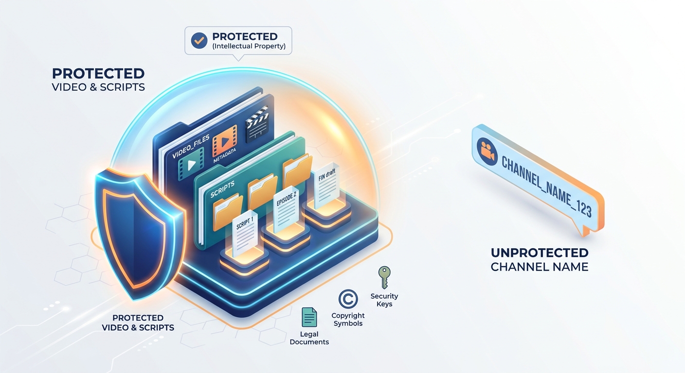 Isometric illustration showing the difference between content copyright protection and an unprotected brand name.