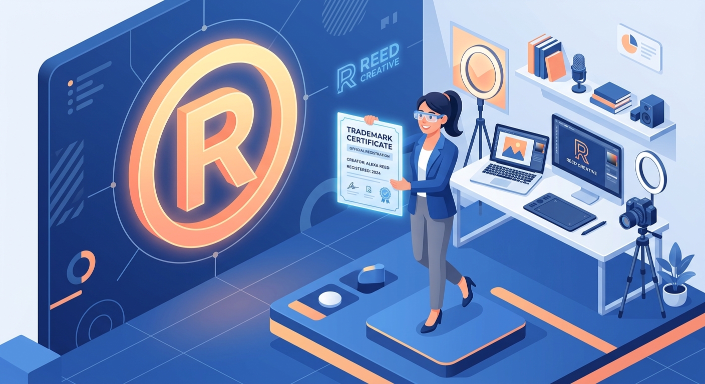 Isometric illustration of a person holding a legal document next to a large trademark symbol, symbolizing a lawsuit