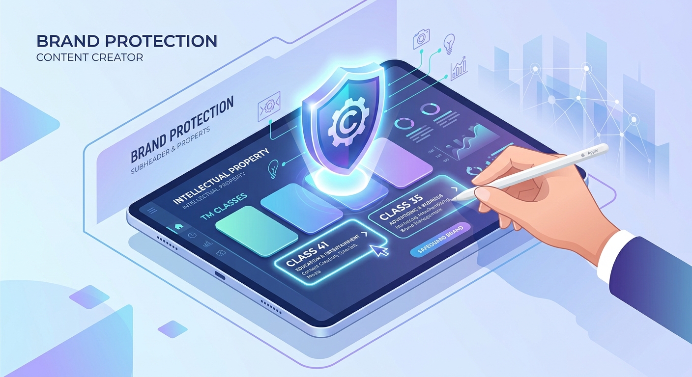 Modern isometric illustration of the process of choosing Nice Classification classes to protect an author's brand