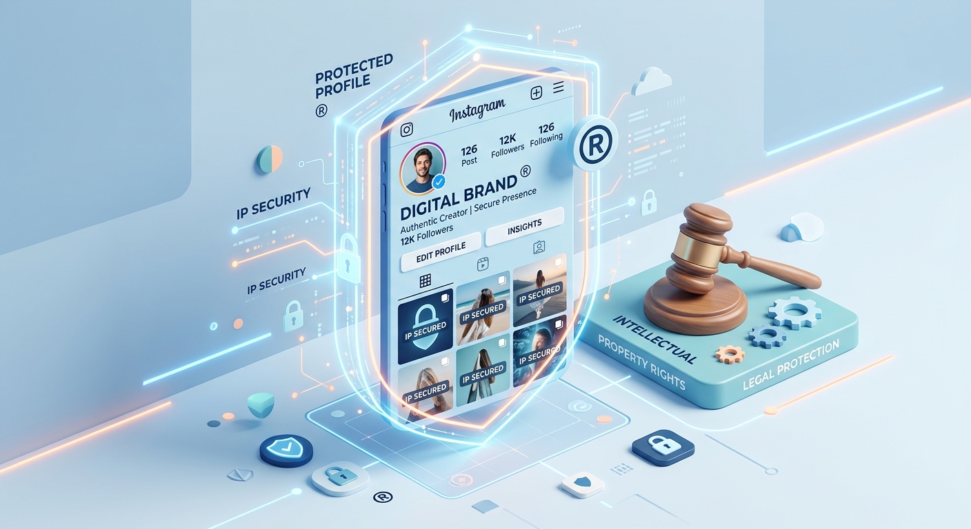 3D ілюстрація профілю Instagram під захистом цифрового щита та символу торгової марки