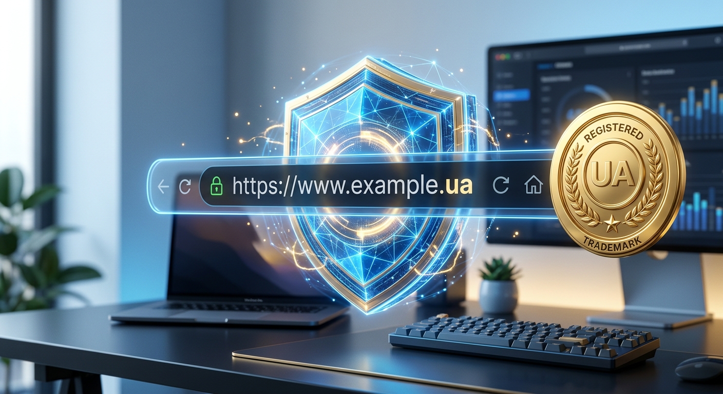 3D иллюстрация домена .UA с золотой печатью торговой марки и цифровым щитом