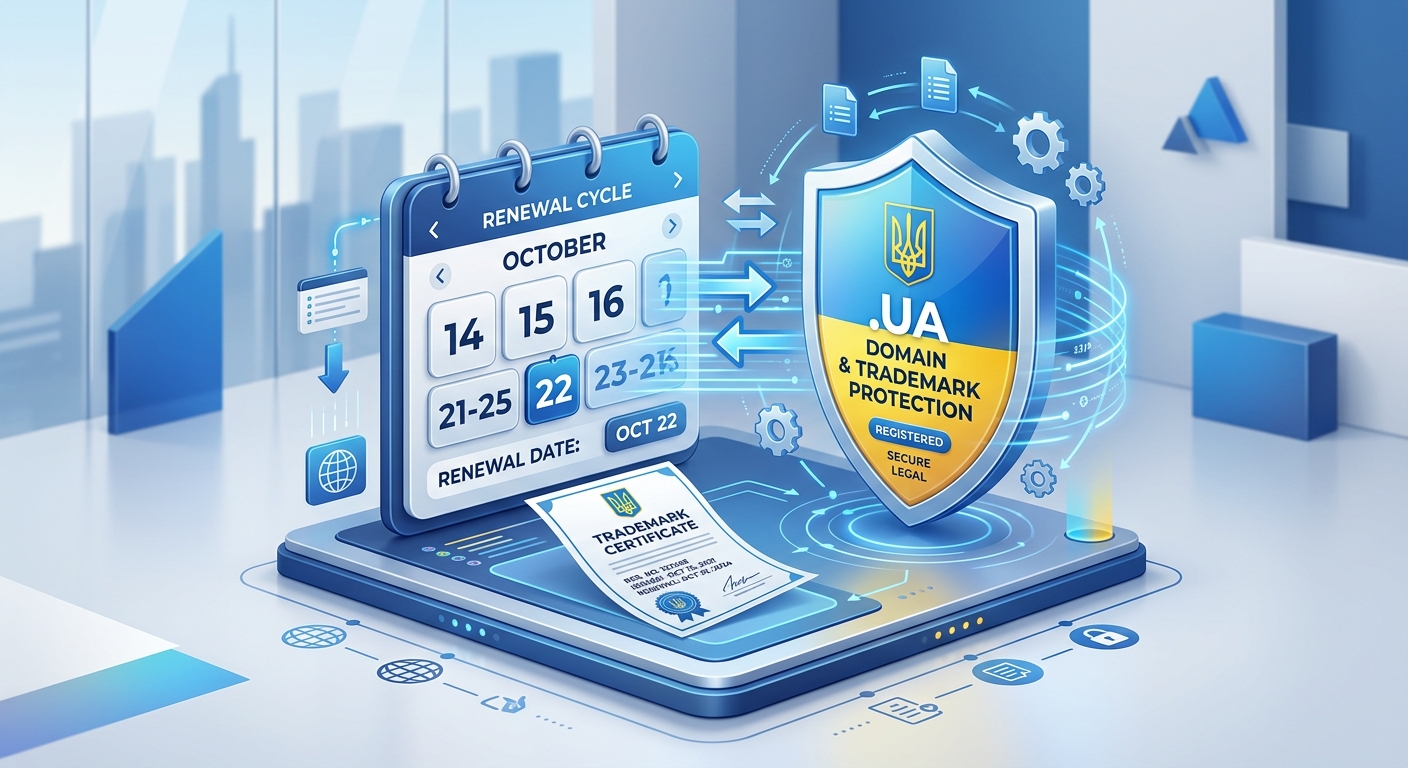 Ізометрична ілюстрація, що символізує синхронізацію термінів дії торговельної марки та доменного імені