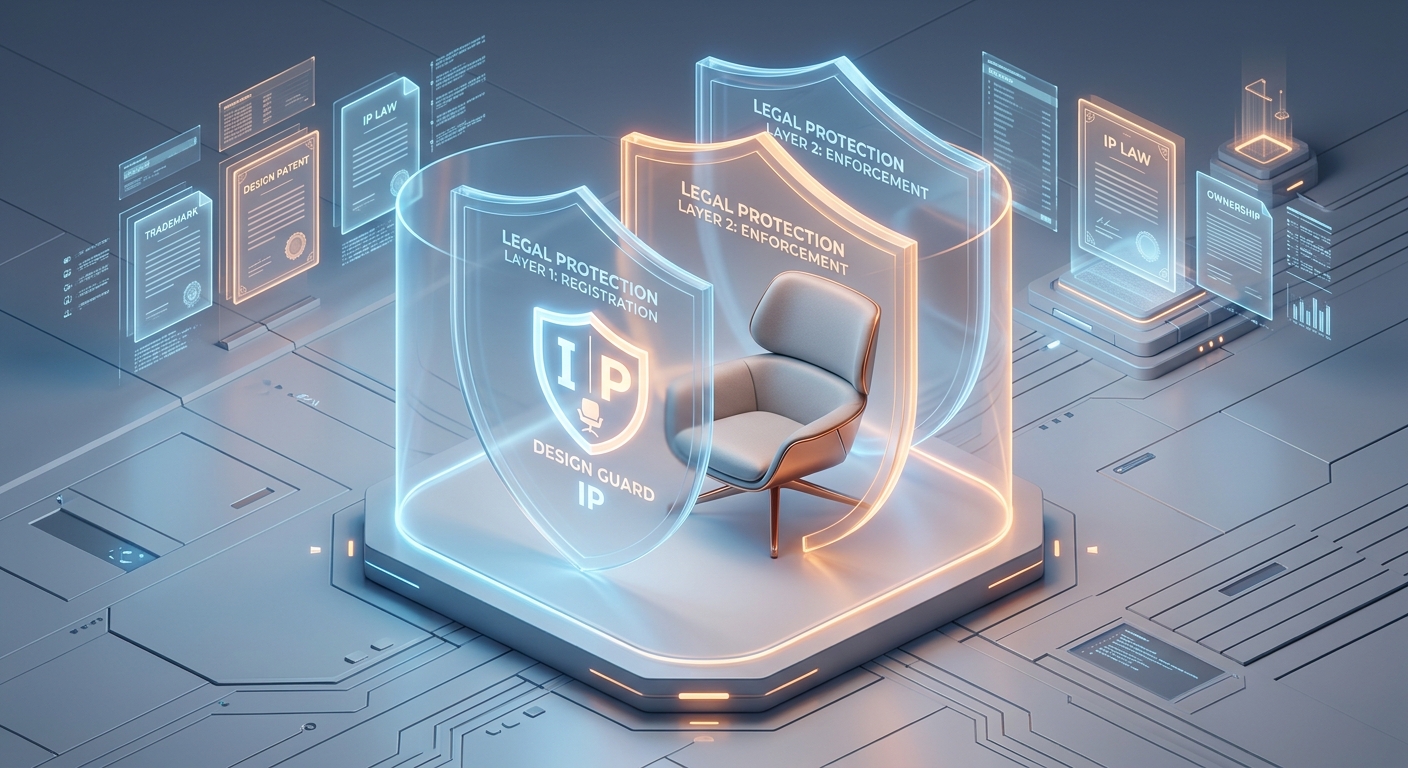 3D-ілюстрація дизайнерського крісла та логотипа під подвійним скляним щитом, що символізує захист інтелектуальної власності