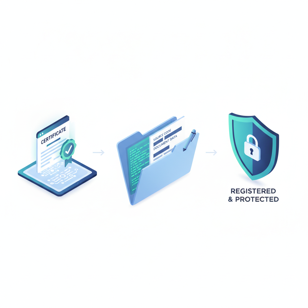 Isometric illustration of the copyright registration process with documents and a protective shield