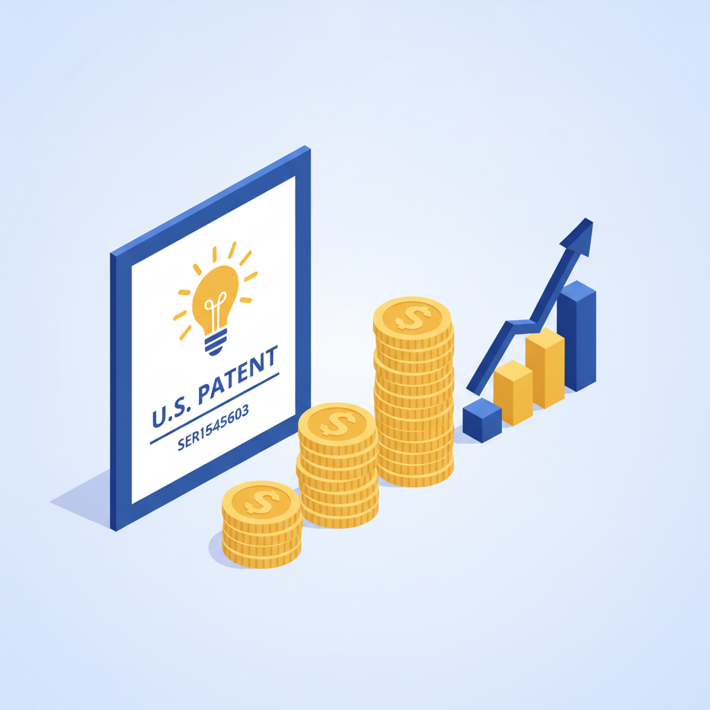 Isometric image of a patent next to coins, symbolizing the stages of funding and maintenance of the document's validity.