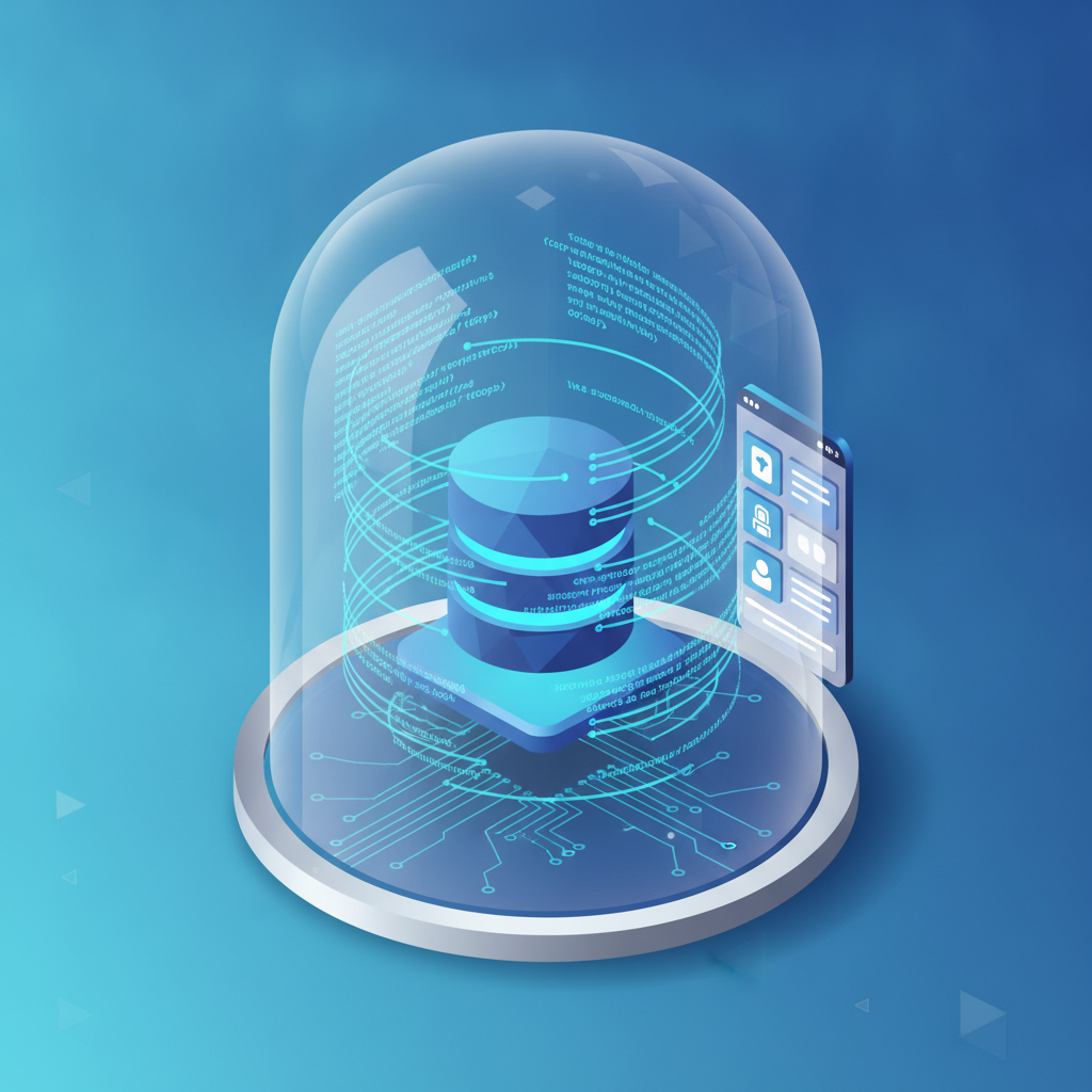 Isometric illustration of software elements: source code, databases, and interface under protection