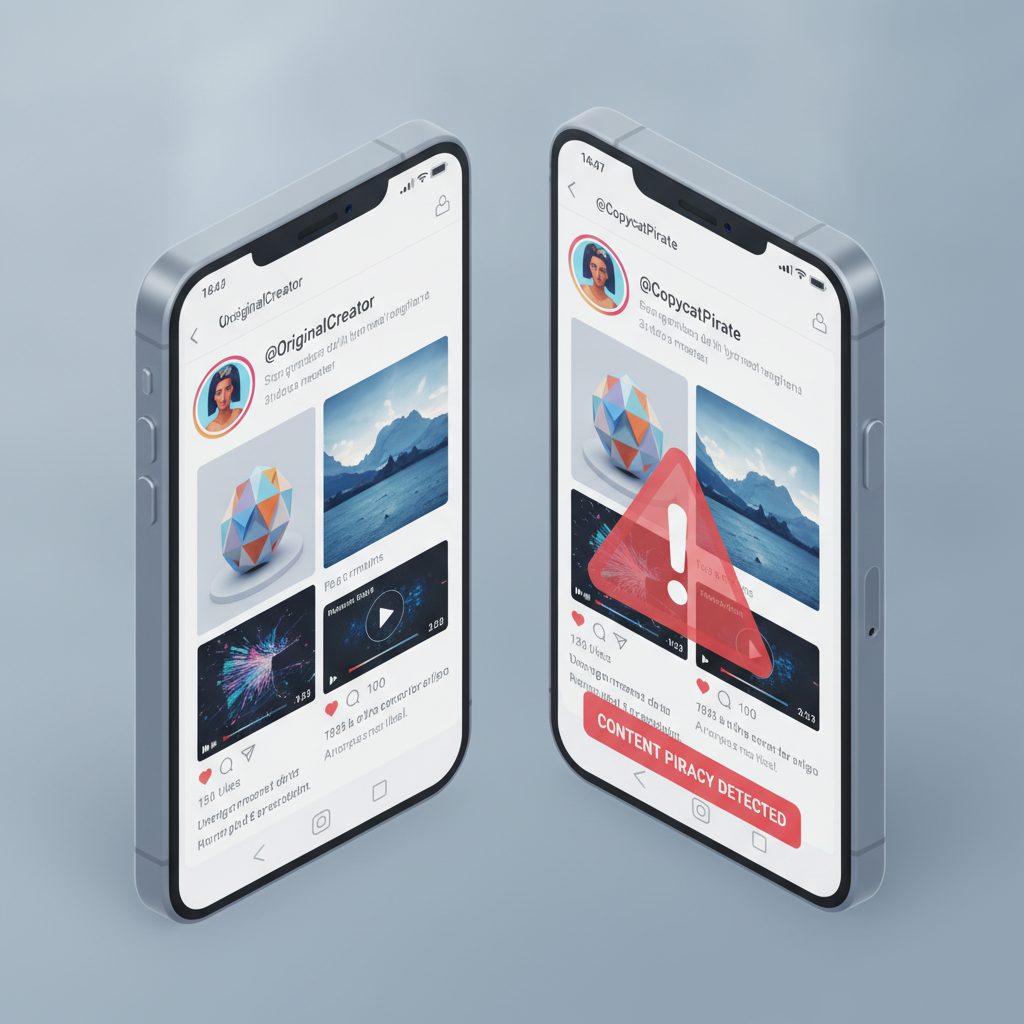 Isometric illustration of two smartphones demonstrating the process of copying copyrighted content on Instagram.
