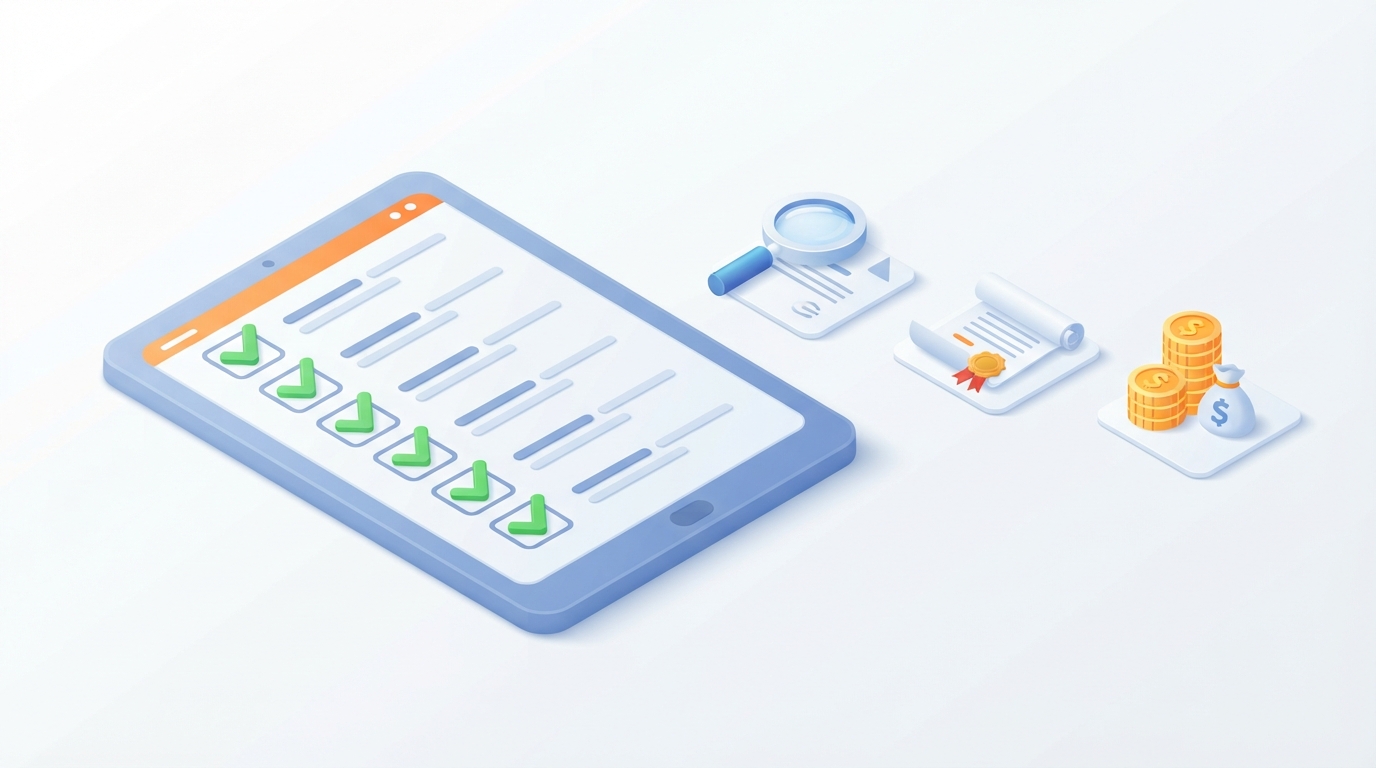 Illustration of a digital checklist for document verification with legal symbols