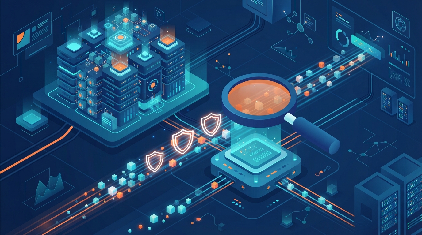 Isometric illustration of the automated trademark database analysis process using modern technologies.